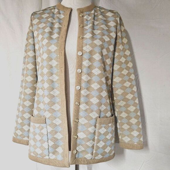 Butte Knit Vintage 60's Blue Taupe Argyle Button Front Casual Cardigan Sweater - Picture 1 of 11